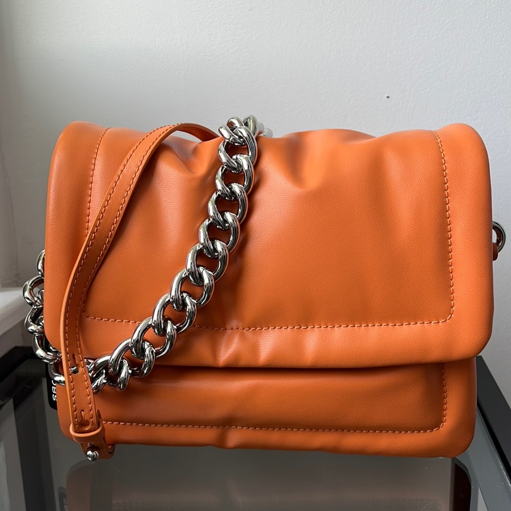 Marc Jacobs Orange Leather Crossbody Bag with Silver Chain